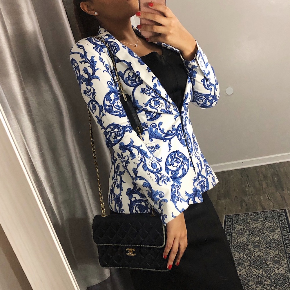 ZARA Blue and White Printed Blazer